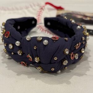 Lele Sadoughi Navy Headband with Pearls and Gold Details
